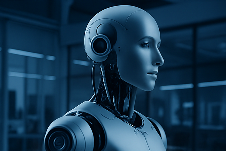 White humanoid robot in profile